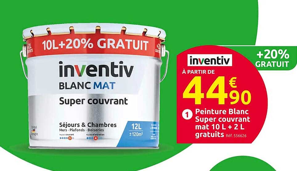 peinture blanc super couvrant mat 10 l + 2 l gratuits