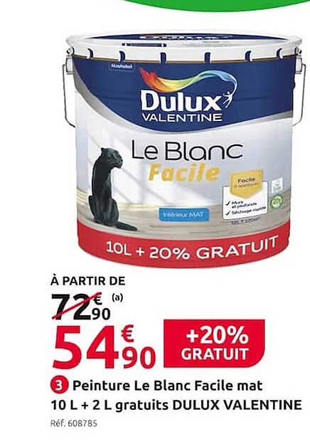 peinture le blanc facile mat 10 l + 2 l gratuits dulux valentine
