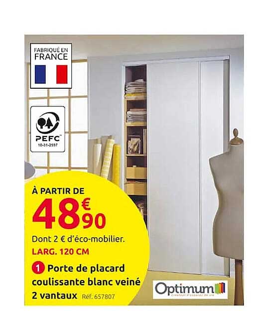 porte de placard coulissante blanc veiné 2 vantaux optimum