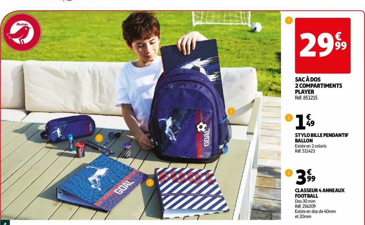 sac à dos 2 compartiments player, stylo bille pendantif ballon, classeur 4 anneaux football