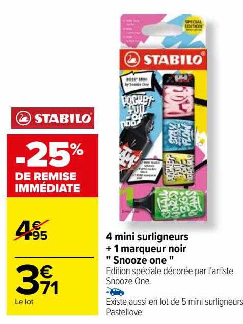 4 mini surligneurs + 1 marqueur noir "snooze one" stabilo