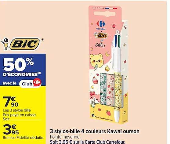 Bic 3 stylos-bille 4 couleurs Kawai ourson