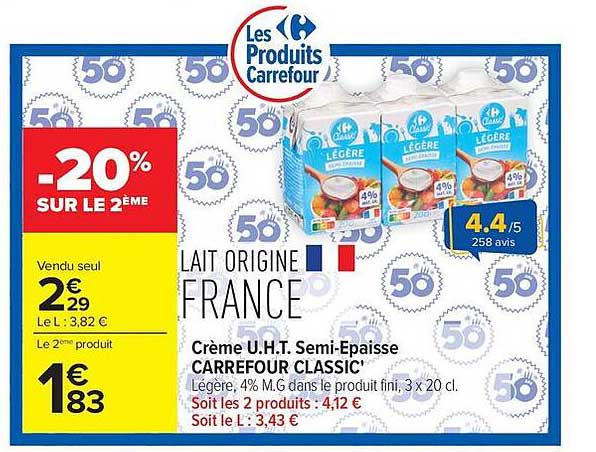 CARREFOUR CLASSIC' Crème U.H.T. Semi-Epaisse