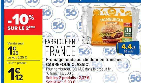 CARREFOUR CLASSIC Fromage fondu au cheddar en tranches