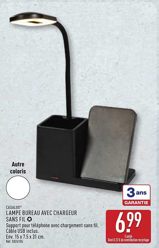 CASALUX LAMPE BUREAU AVEC CHARGEUR SANS FIL