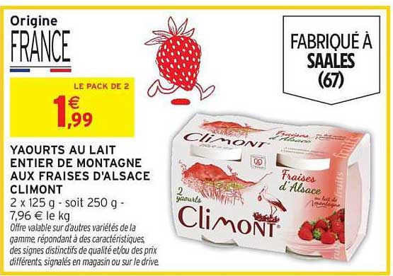 Climont yaourts au lait entier de montagne aux fraises d'Alsace