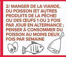 MANGER DE LA VIANDE, DU POISSON (ET AUTRES PRODUITS DE LA PÊCHE), OU DES ŒUFS 1 OU 2 FOIS PAR JOUR EN ALTERNANCE ; PENSER À CONSOMMER DU POISSON AU MOINS DEUX FOIS PAR SEMAINE