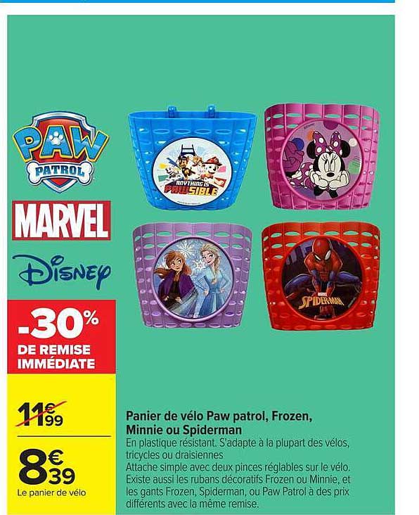 Panier de vélo Paw patrol, Frozen, Minnie ou Spiderman