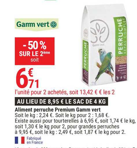 aliment perruche premium gamm vert -50% sur le 2ème
