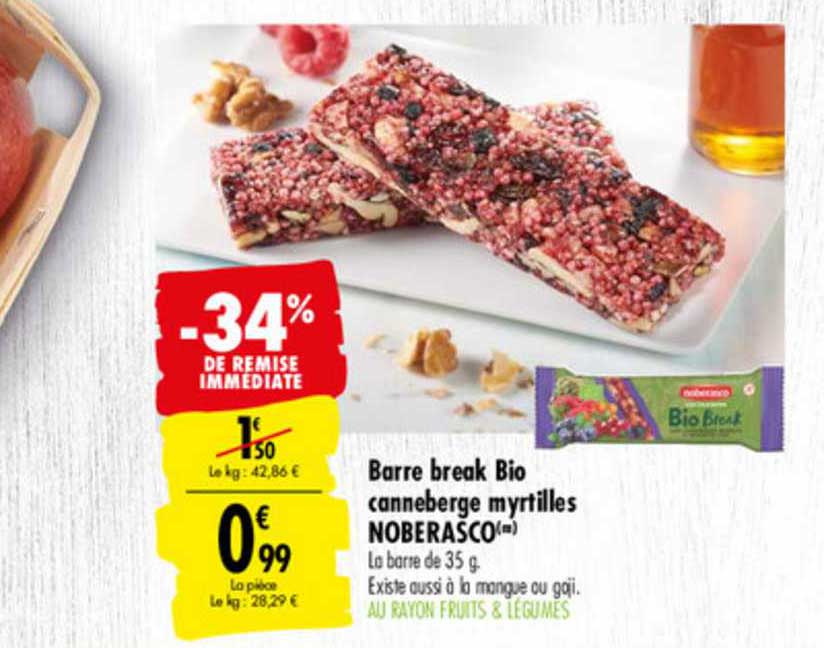 barre break bio canneberge myrtilles noberasco -34% remise immédiate