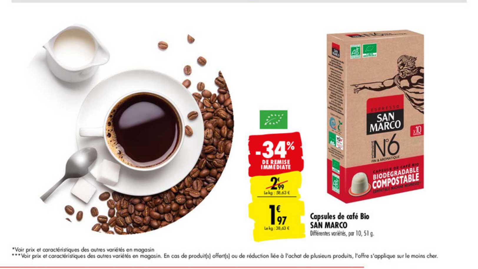 capsules de café bio san marco -34% de remise immédiate