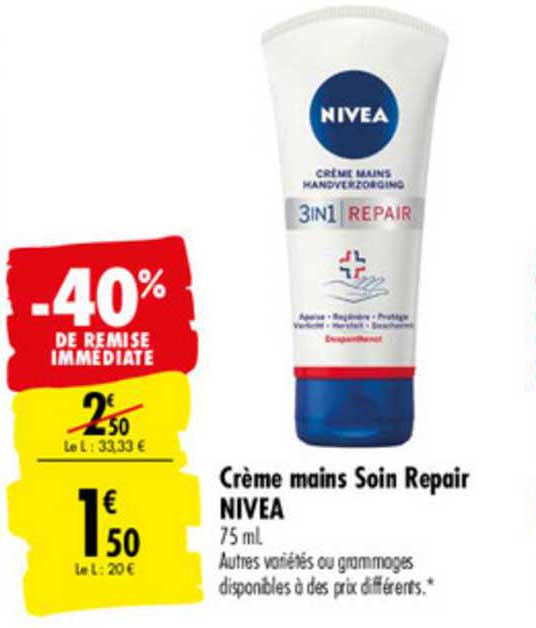 Crème Mains Soin Repair Nivea -40% Remise Immédiate