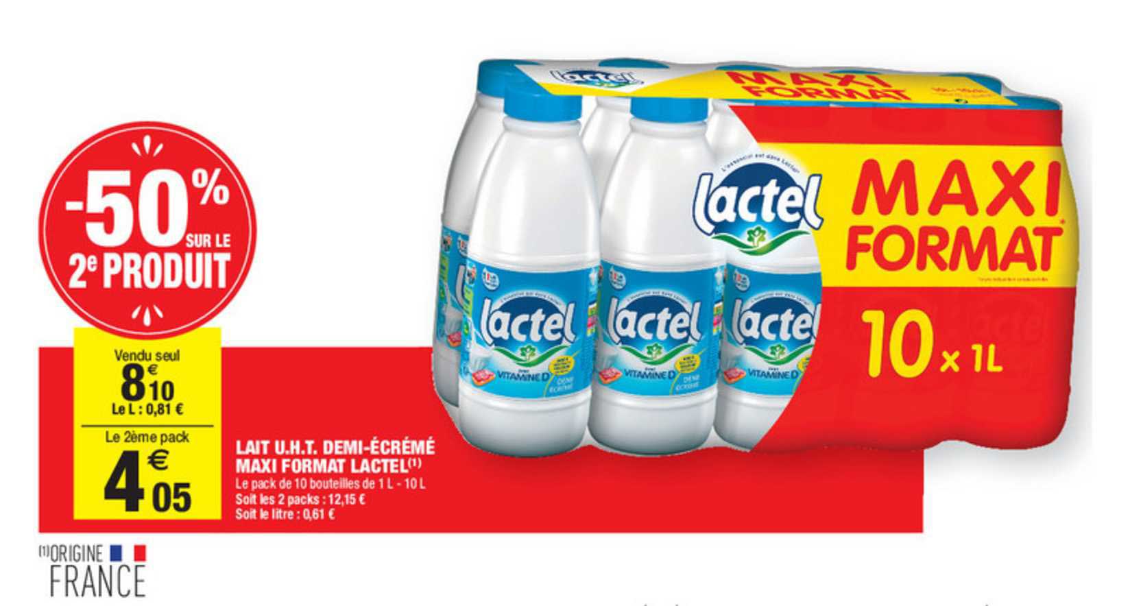 lait uht demi écrémé maxi format lactel  -50% sur le 2e