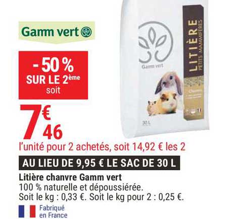 litière chanvre gamm vert -50% sur le 2ème