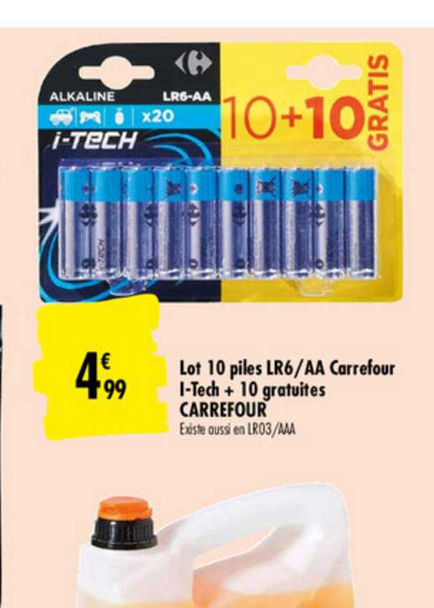 lot 10 piles lr6 aa carrefour i tech + 10 gratuites carrefour