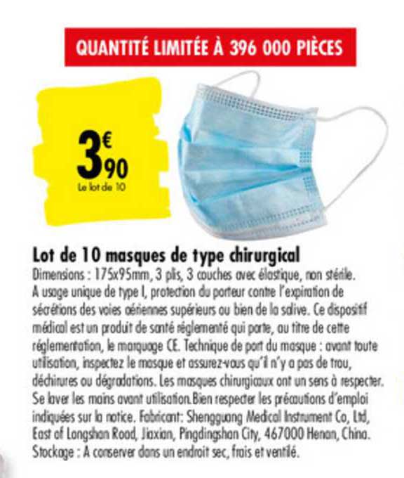 lot de 10 masques de type chirurgical