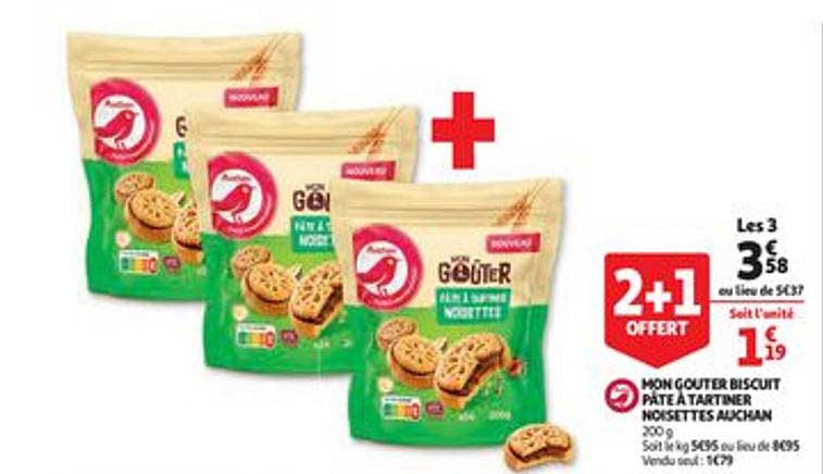 mon goûter biscuit pâte à tartiner noisettes auchan 2+1 offert