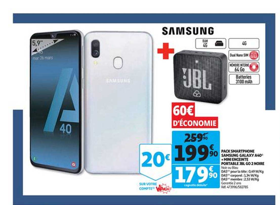 Pack Smartphone Samsung Galaxy A40 + Mini Enceinte Portable Jbl Go 2 Noire