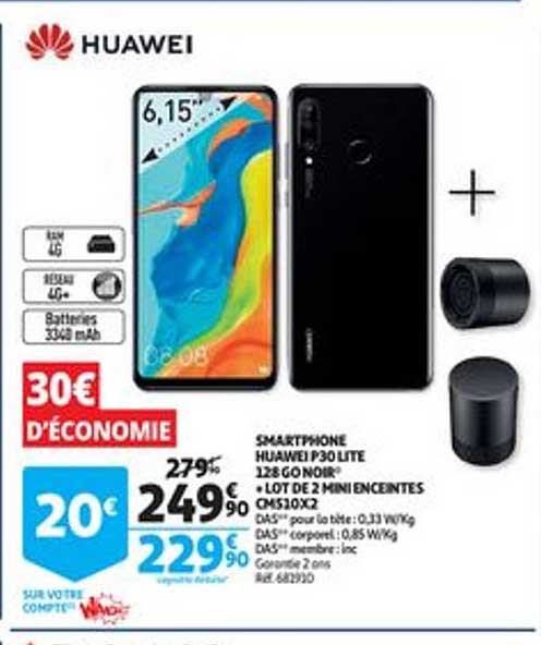 smartphone huawei p30 lite 128 go noir + lot de 2 mini enceintes cm530x2