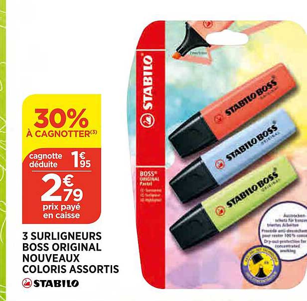3 Surligneurs Boss Original Nouveaux Coloris Assortis Stabilo