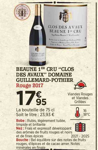 beaune 1er cru "clos des aveaux" domaine guillemard-pothier rouge 2017