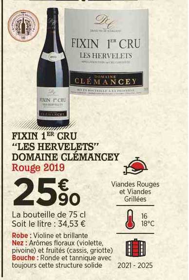 Fixin 1er Cru "les Hervelets" Domaine Clémancey Rouge 2019