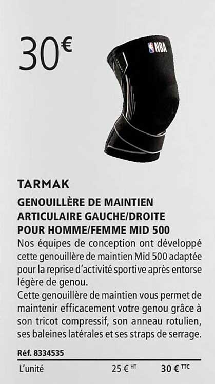 genouillère de maintien articulaire gauche - droite pour homme - femme mid 500 tarmak
