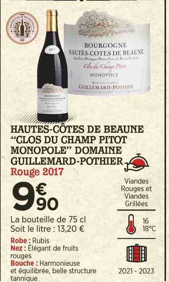 hautes-côtes de beaune "clos du champ pinot monopole" domaine guillemard-pothier rouge 2017