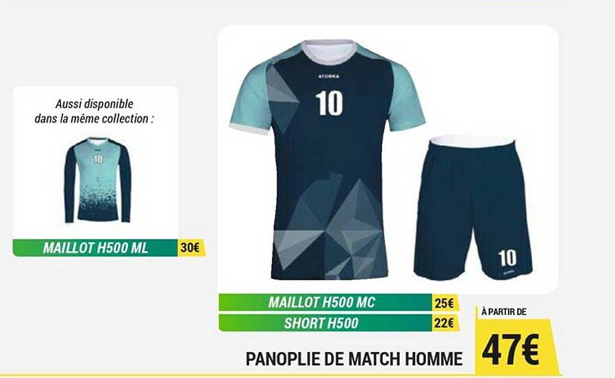 maillot h500ml, maillot h500 mc, short h500, panoplie de match homme