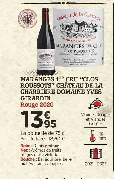 maranges 1er cru "clos roussorts" château de la charrière domaine yves girardin rouge 2020