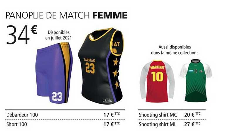 Panoplie De Match Femme, Débardeur 100, Short 100, Shooting Shirt Mc, Shooting Shirt Ml