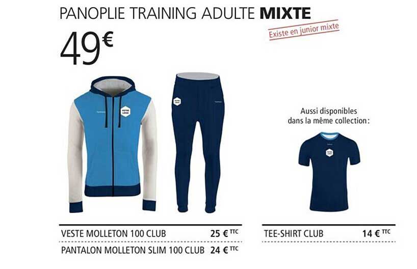 panoplie training adulte mixte : veste molleton 100 club, pantalon molleton slim 100 club, tee-shirt club