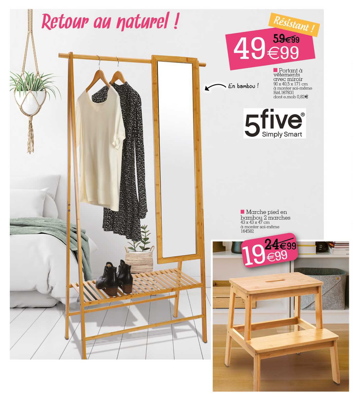 portant à vêtements avec miroir 5five, marche pied en bambou 2 manches
