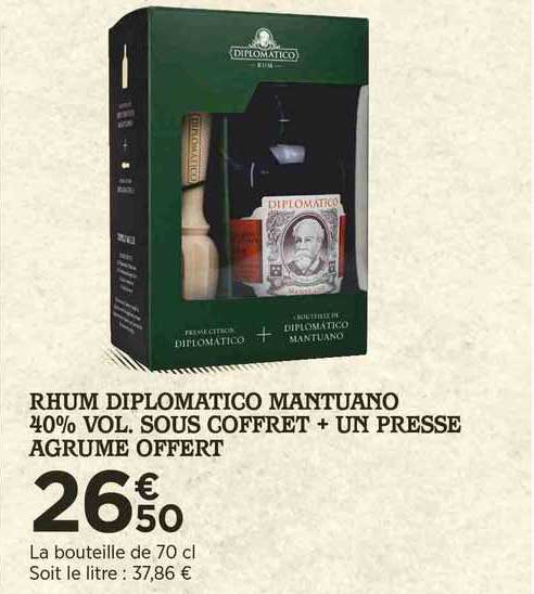 rhum diplomatico mantuano 40% vol. sous coffret + un presse agrume offert