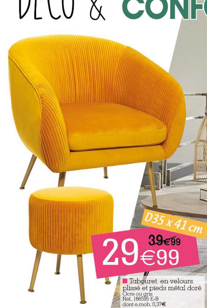 tabouret en velours plissé et pieds métal doré