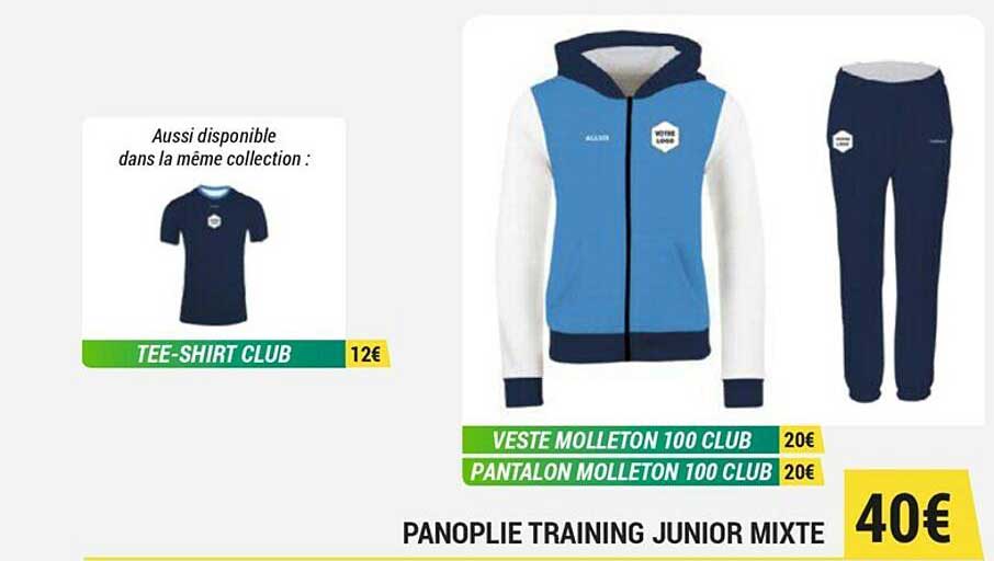 tee-shirt club, veste molleton 100 club, pantalon molleton 100 club, panoplie training junior mixte