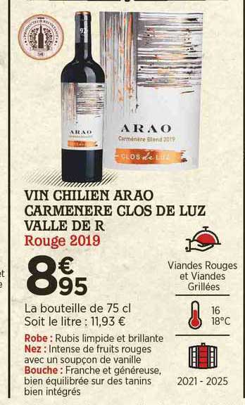 vin chilien arao carmenère clos de luz valle de r rouge 2019
