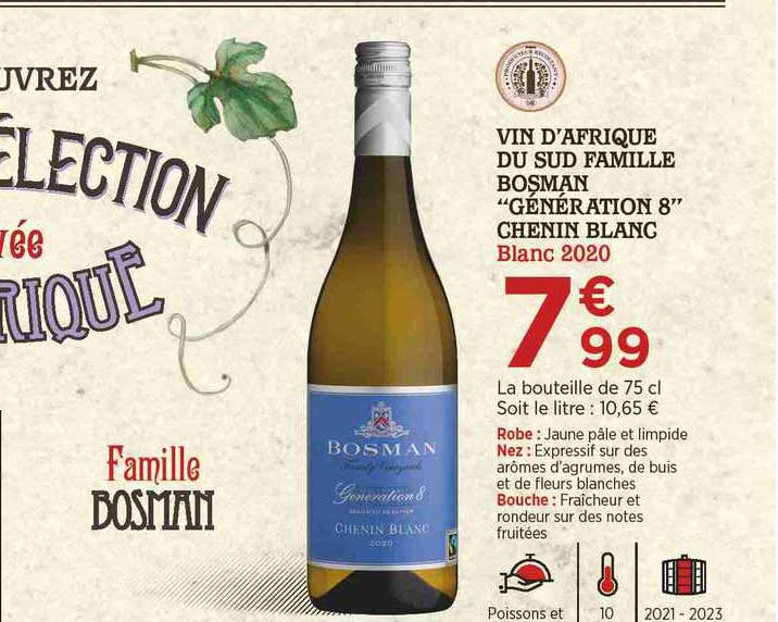vin d'afrique du sud famille bosman "génération 8" chenin blanc blanc 2020