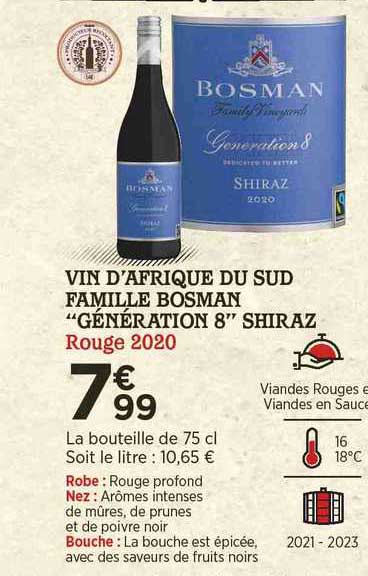 vin d'afrique du sud famille bosman "génération 8" shiraz rouge 2020