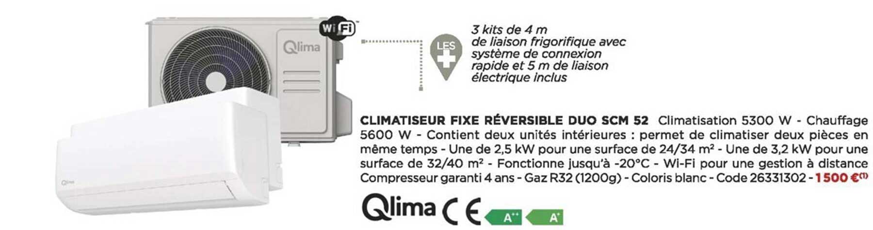 climatiseur fixe réversible duo scm 52 qlima