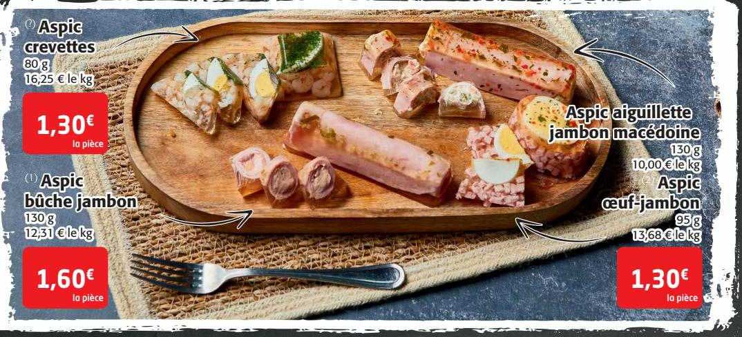 aspic crevettes, aspic bûche jambon, aspic aiguillette jambon macédoine, aspic œuf-jambon