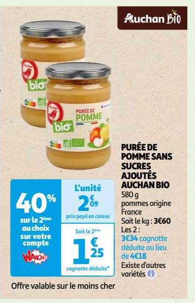Purée De Pomme Sans Sucres Ajoutés Auchan Bio
