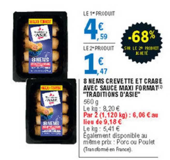 8 nems crevette et crabe avec sauce maxi format "traditions d'asie" -68% sur le 2è produit acheté