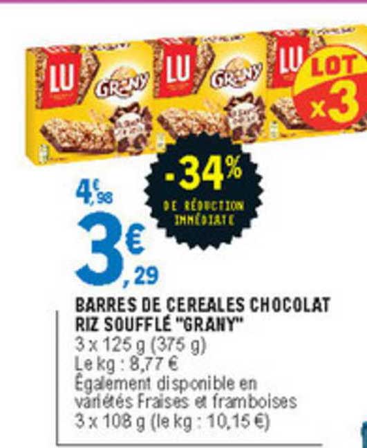 barres de cereales chocolat riz soufflé "grany" -34% de réduction immédiate