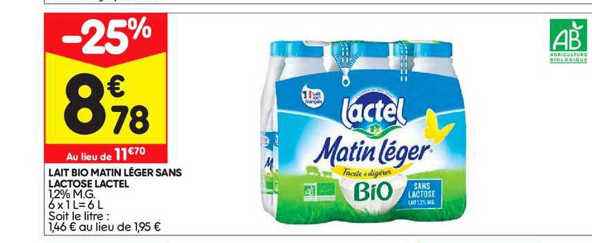 lait bio matin léger sans lactose lactel