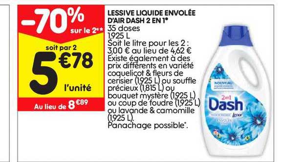 Lessive Liquide Envolée D'air Dash 2 En 1 -70% Sur Le 2è