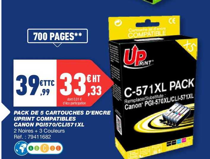 pack de 5 cartouches d'encre uprint compatibles canon pgi570 cli571xl