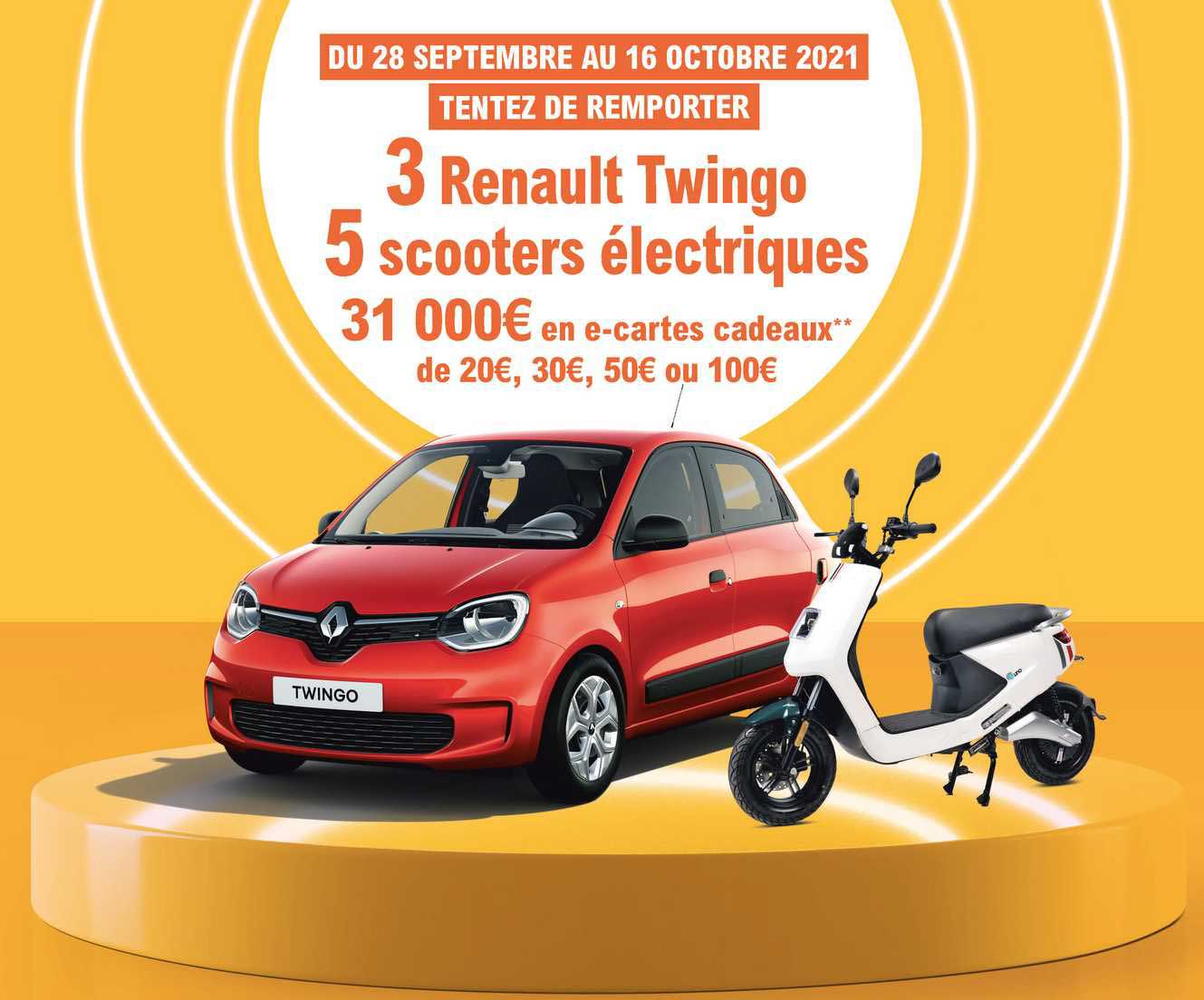 3 renault twingo, 5 scooters électriques, 31 000€ en e-cartes cadeaux
