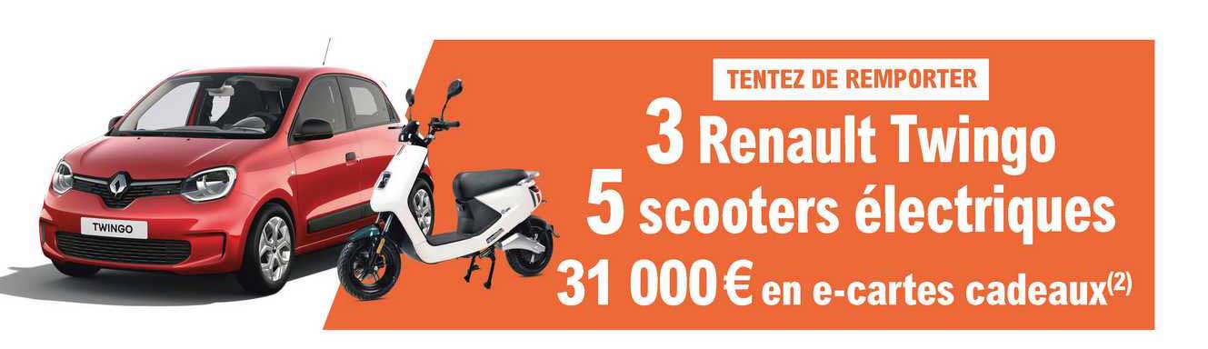 3 renault twingo, 5 scooters électriques, 31 000€ en e-cartes cadeaux