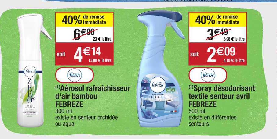 aérosol rafraîchisseur d'air bambou febreze, spray désodorisant textile senteur avril febreze